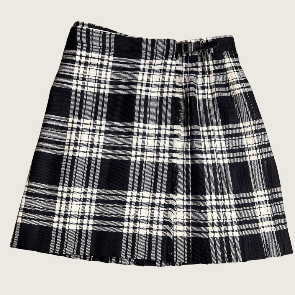 100% Wool Woolmark Black and White Plaid Wrap Skirt, Size 14
